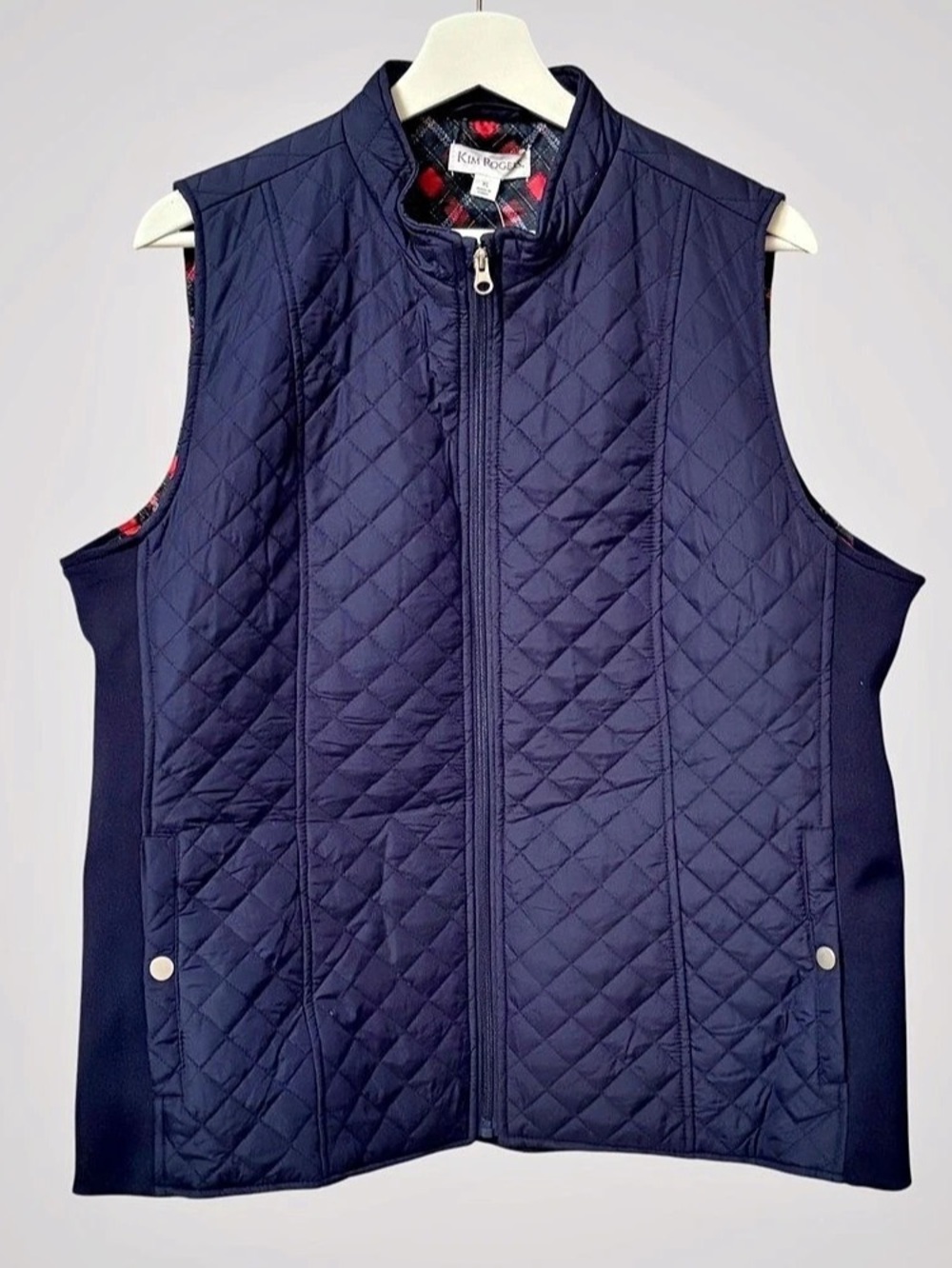 NWT Kim Rogers Harbor Navy "The Perfect Fit" Quilted Vest Size XL Plaid Lining⁠